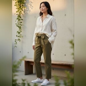 Aritzia Olive Green Paperbag Waist Straight Leg Pants